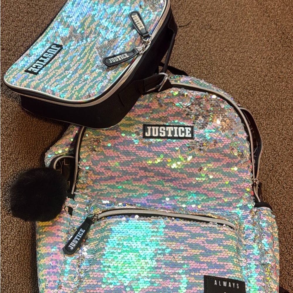 BRAND NEW Justice Holographic Sequin Backpack and Lunch Bag